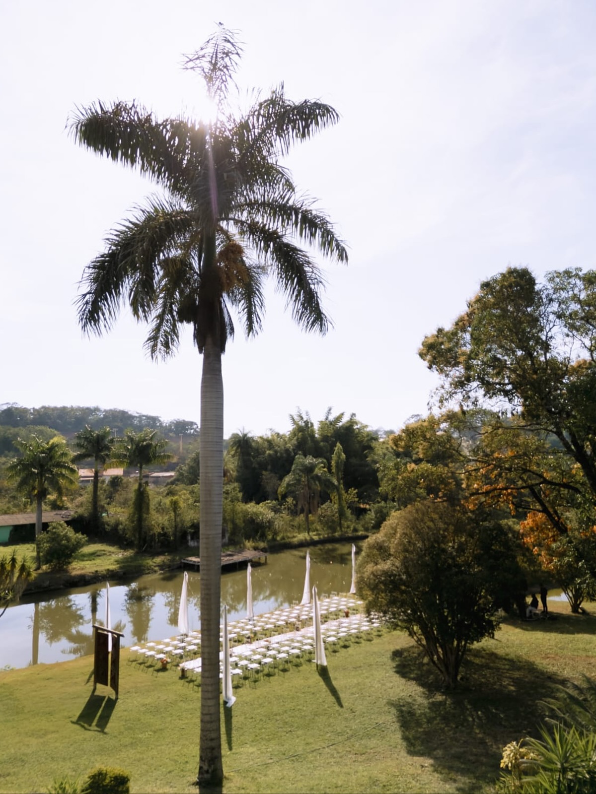 Vista do Laurus Eventos ao amanhecer com palmeiras imperiais e espelho d'água refletindo o céu de Pingo d'Água